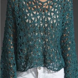 Free People Crochet Hooded Teal Pullover Sweater /Large